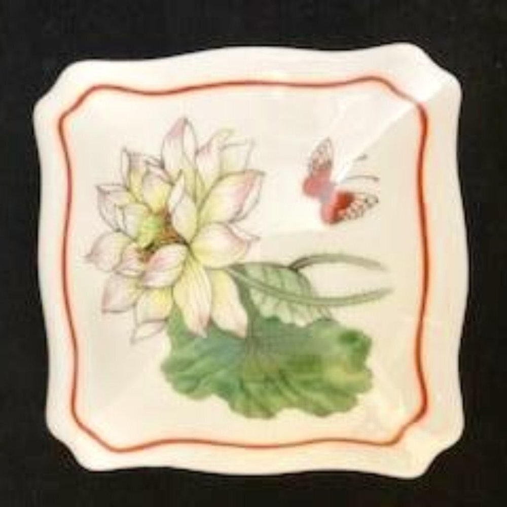 The Toscany Collection Lotus Japan Porcelain Square Trinket Box Flower Butterfly
